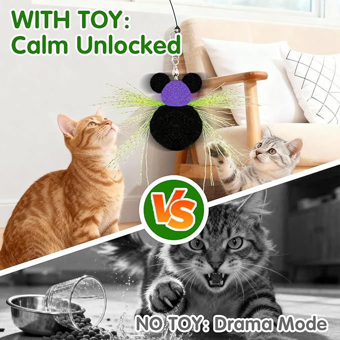 Walfront Interactive Cat Wand Toy with Small Insect Replacement Heads and Bell, Indoor Cat Exercise Toy for Overweight or Inactive Cats, Kittens and Adult Cats, Boosts Activity and Reduces Boredom