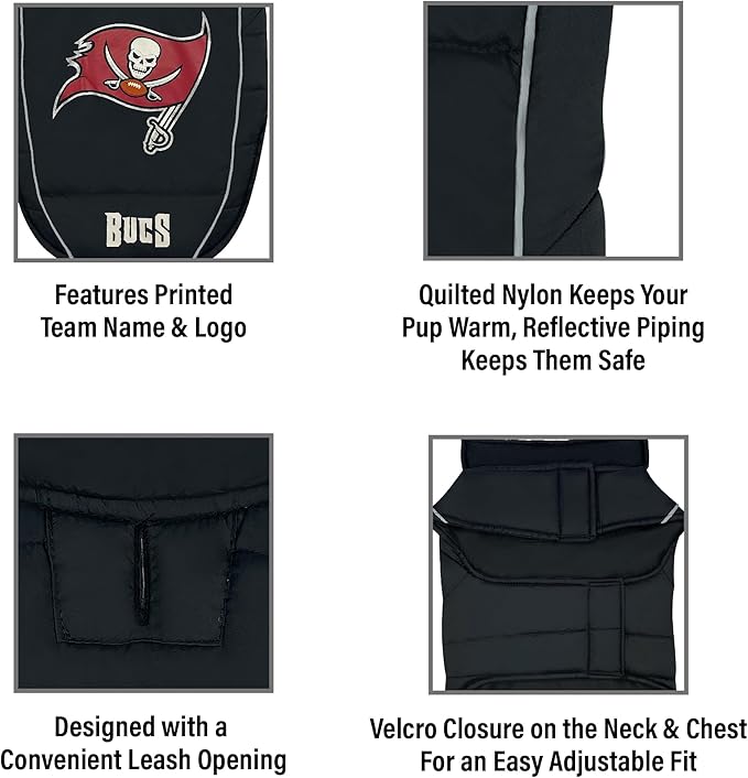 NFL Tampa Bay Buccaneers Puffer Vest for Dogs & Cats, Size Large. Warm, Cozy, and Waterproof Dog Coat, for Small and Large Dogs/Cats. Best NFL Licensed PET Warming Sports Jacket