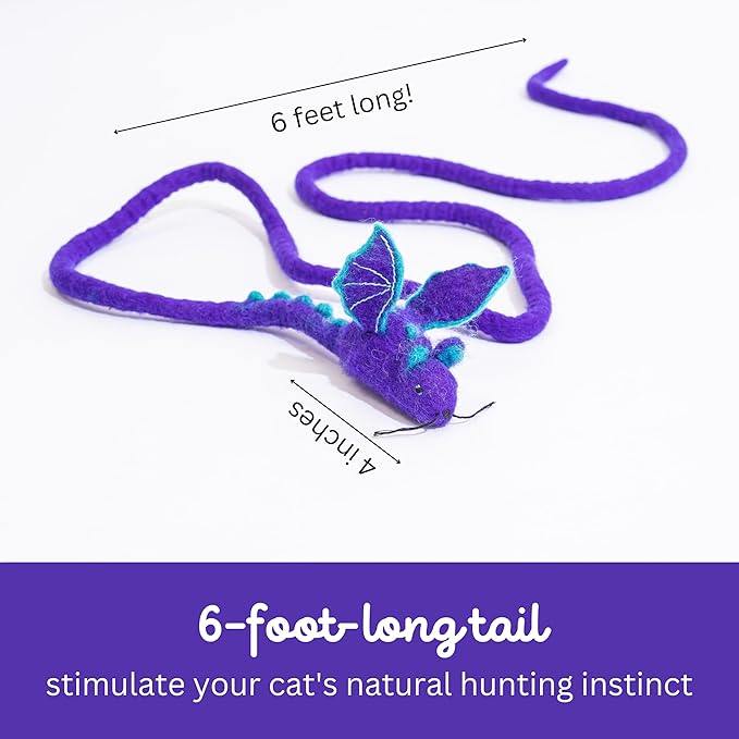 Catch a Mouse Wool Cat Toy with a 6-Ft Tail for Indoor Cats & Kittens. Cute Toy Mouse, Rat Plush Toy, Fake Mice. No Catnip. (Purple Dragon)