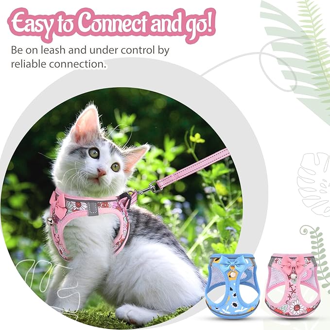 Cat Harness and Leash Escape Proof for Walking, Adjustable Soft Kitten Harness with Reflective Straps Step in Cat Vest Harness for Small Kitten and XS Dogs (Pink, L-Chest(15.7"-17.7"))