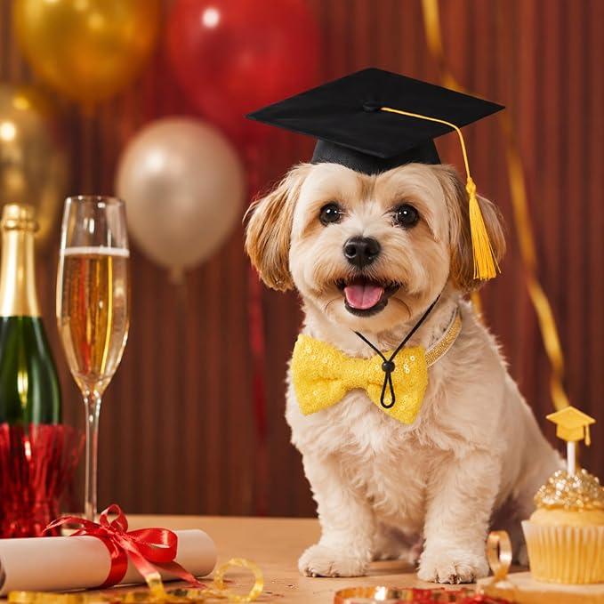Pet Graduation Cap and Bowtie Set, Adjustable Dog Cat Graduation Hat with Gold Sequin Bowtie for Graduation Party Costume Accessory