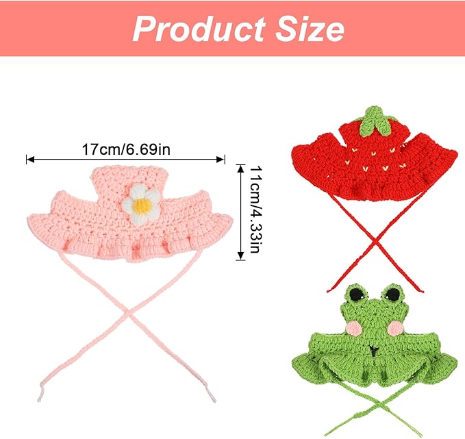 3pcs Frog and Strawberry Hat for Cat, Strawberry Dog Hat, Cute Pet Hats for Puppy Cat Kitten Dogs Birthday Party Christmas Halloween, 3 Colors