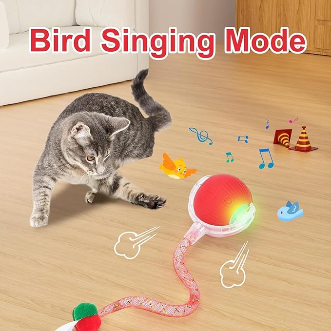 Speed 2.0 Tail Interactive Cat Toys for Indoor Cats, Chirping & Motion Activate Cat Toy, Smart Kitten Rolling Ball Moving Ball Toys, Rechargeable Dog Cat Bal l for Enrichment Exercise (New Red)