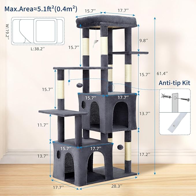 61.4 Inch Cat Tree, Large Cat Tower with Sisal Scratching Posts, 2 Spacious Cat Beds, Hanging Ball & Top Perch, Ideal for Large Indoor Adult Cats, Dark Gray