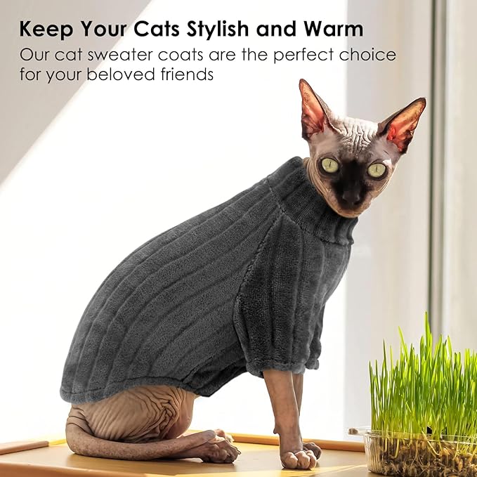 Sweaters for Cats, Hairless Sphynx Sweater Kitten Pullover with Sleeves, Warm and Soft Cat Pajamas Fleece Sweatshirt Jumpsuit, Turtleneck Clothes for Fall Winter, Grey S