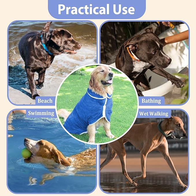 Dog Bathrobe Towel Dog Drying Coat - Super Absorbent Towels Bath Robe for Dogs Large, Soft Adjustable Collar & Belly Strap Fast Drying Coat Pet Cat Bath Robe (Medium Blue‌, Medium)