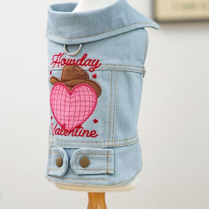 Valentine Denim Dog Jacket for Small Dogs Cats, Cute Cowboy Heart Embroidered Pet Vest with D-Ring for Leash, Lightweight Puppy Outfit for Daily Wear & Holidays(L)