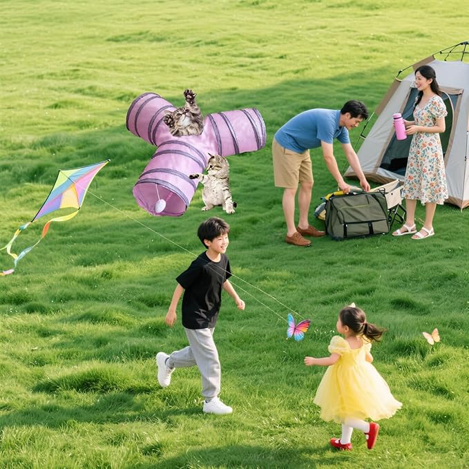 Cat Tunnel Tube Toy Collapsible 3 Way Pink Grey, Pet Tunnels for Indoor Cats, Play Tubes with Hanging Ball Perfect for Kitten, Puppy, Rabbit, Interactive Toys for Fun Playtime & Exercise