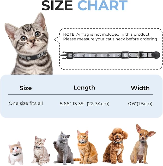 Cat Collar Breakaway, Reflective Kitten Collar with Bell, Safety Buckle Kitten Collar, Lightweight, Adjustable, Comfortable, Suitable for Boy Girl Cats (7"-13") Black
