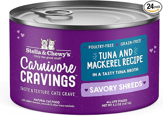 Stella & Chewy's Carnivore Cravings Savory Shreds Cans – Grain Free, Protein Rich Wet Cat Food – Wild-Caught Tuna & Mackerel Recipe – (5.2 Ounce Cans, Case of 24)