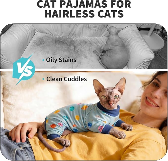 Sticky Hair Cat Clothes, Anti-Shedding Cat Pajamas, Post-Surgery Recovery Onesie, Soft Breathable, Prevents Licking & Scratching Wounds, Warm Cats Sweater, Sphynx Cats Clothing- Blue S