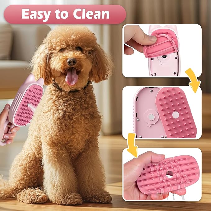 Pet Steam Brush for Dogs and Cats, Spritz Defur Comb 3 in 1 Pet Rechargeable Steam Brush Tool for Long and Short Haired Cats and Dogs, Anti-Static, Shedding, Detangling, Massage & Combing (pink)