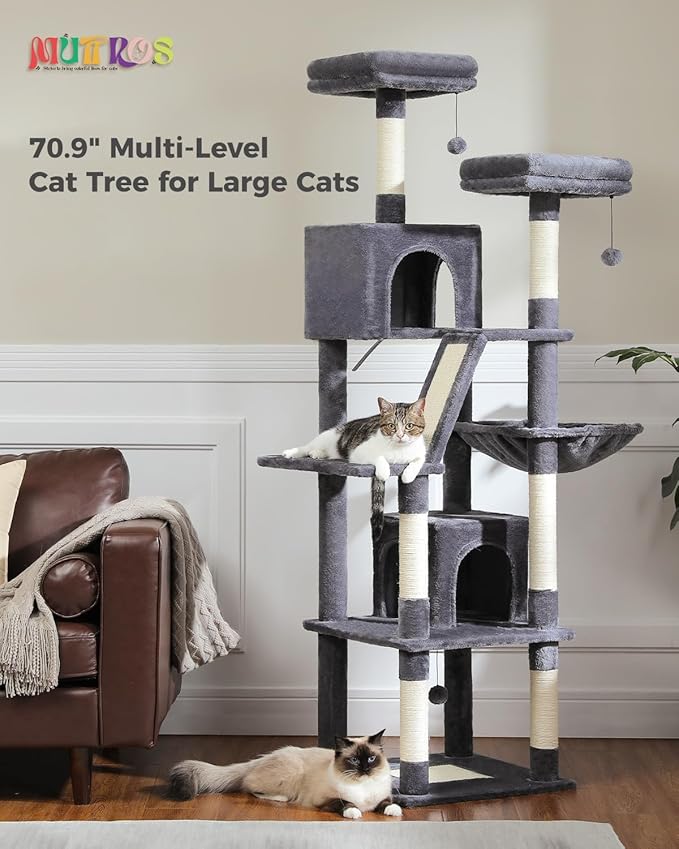 MUTTROS Tall Cat Tree 70.9"- Cat Tower with 6 Scratching Posts, Multi-Level Climbing Tower with 2 Condos, 2 Scratching Boards, 2 Top Beds & Hammock for Indoor Large Medium&Small Cats, Dark Gray