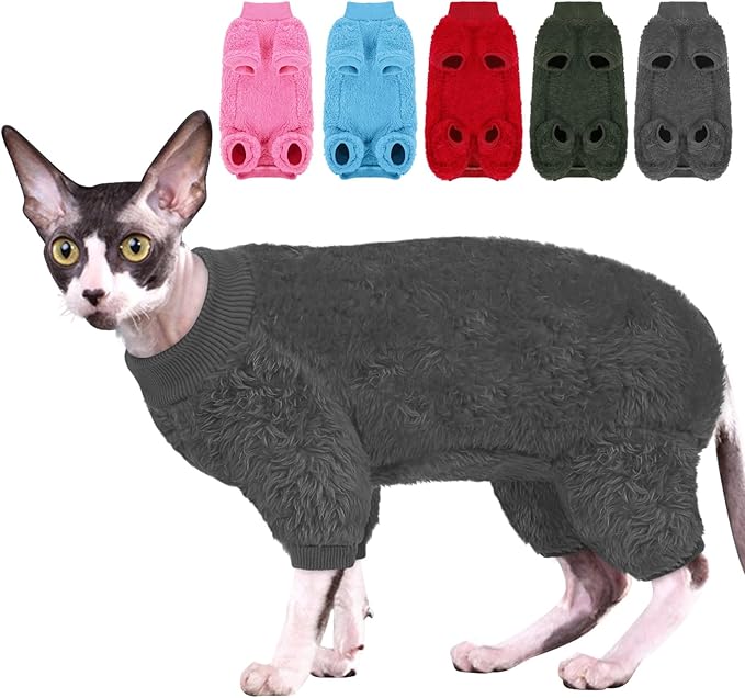 Sphynx Hairless Cat Sweater, Full Body Warm Fleece Sweaters with Sleeves for Cats, Soft Turtleneck Cat Clothes, Cozy Pullover Pajamas for Hairless Cats Devon, Donskoy & Small Dogs, Grey L