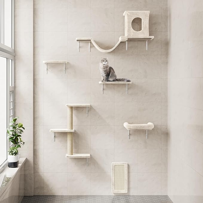 NUNU LAB Wall Mounted Cat Climber Set, 6 Pcs Cat Furniture Set with House, Bridge, Steps, Scratcher Board and Hammock, Shelves for Indoor, Luxury Walls Furniture, White
