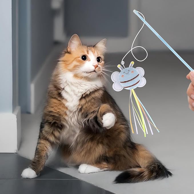NOWFRESH Cat Wand Toy Set, 2 PCS Interactive Cat Teaser Wands with Cute Kitty & Rabbit Designs, Equipped with Bells and Streamers to Captivate Your Cat’s Attention