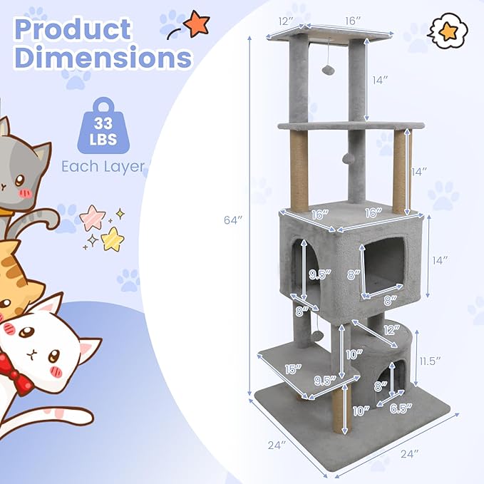 Tangkula 64 Inch Tall Cat Tree, Multi-Level Cat Tower with 2 Large Condos, Jute Scratching Posts, Plush Top Perch, Dangling Toys, Cat Climbing Furniture for Indoor Adult Cats & Kittens (Light Gray)