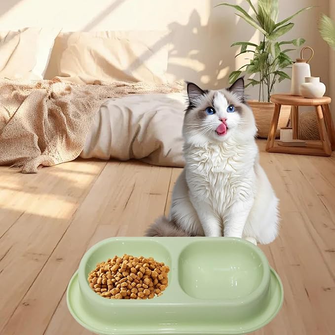 Cat Water and Food Bowl Feeder Dual Dish Nonslip Easy Clean Indoor Outdoor Travel Kitten Feeding Dispenser- Light Green