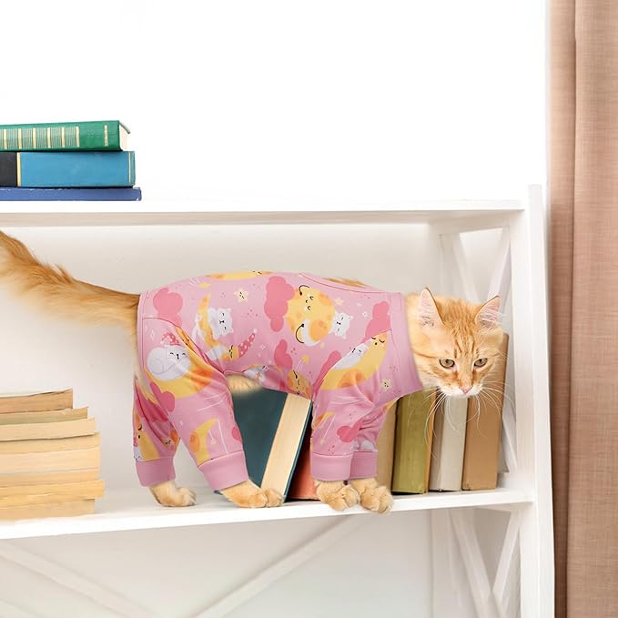 PUMYPOREITY Cat Recovery Suit, Stops Wound Licking After Surgery, Sticky Hair Shirt with Sticky Fabric, Cat Pajamas Prevents Over-Grooming, Kitten Onesie - Soft & Machine Washable, Pink, S