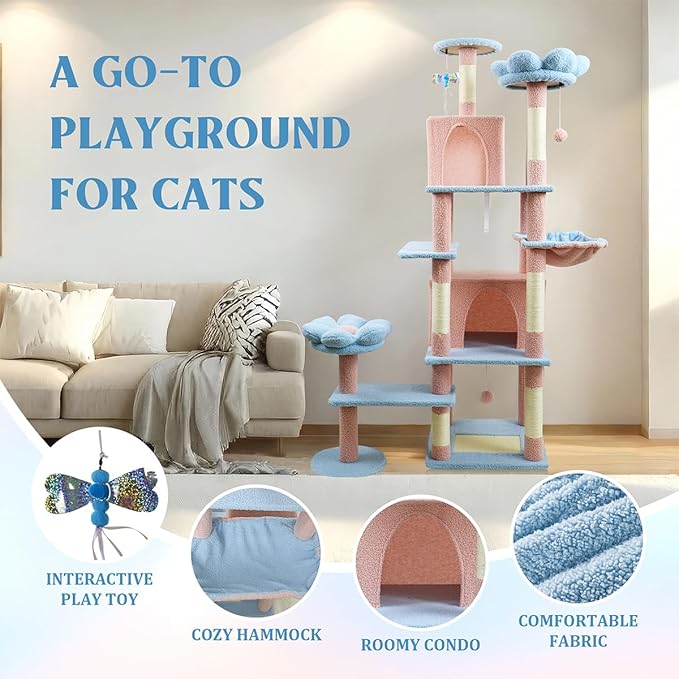 71" Flower Cute Cat Tree for Indoor Cats Large Adult, Tall Cat Tower with Scratching Post & Condo, Hammock, Aesthetic Cats Stand, Modern, Easy Assembly (Blue, 71" Tall)