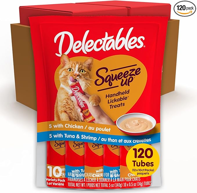 Delectables Squeeze Up Variety Pack, Creamy Squeezable Puree, Lickable Wet Cat Treats, Grain-Free, No Added Fillers, 0.5 Ounces Tube, 120 Tubes Total