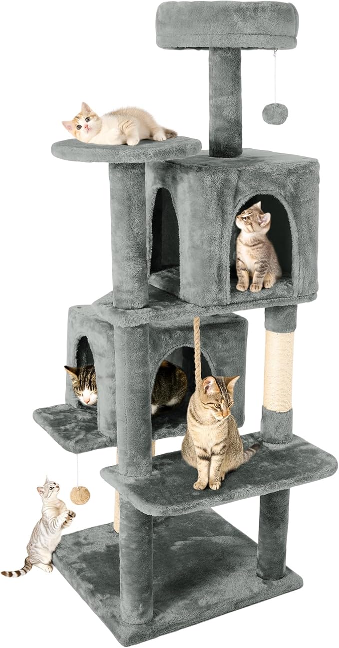 59in Large Cat Tree Tower for Indoor Cats with Soft Plush Hang Ball, Two Condos, Sisal Scratch Posts & Rope Play for Kittens/Adult Cats, Grey