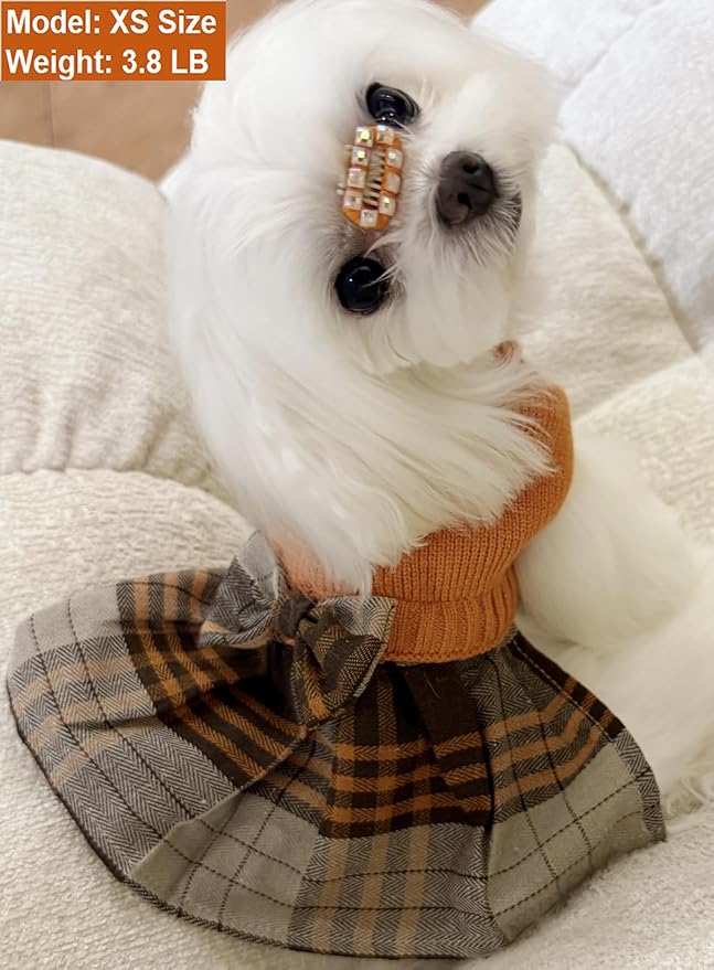 Lanyarco Orange Knitted Thanksgiving Fall Dog Sweater Dress, Plaid Girl Dog Clothes Winter for Small Dogs, Terrier Doggy Pet Apparel, Medium (M)