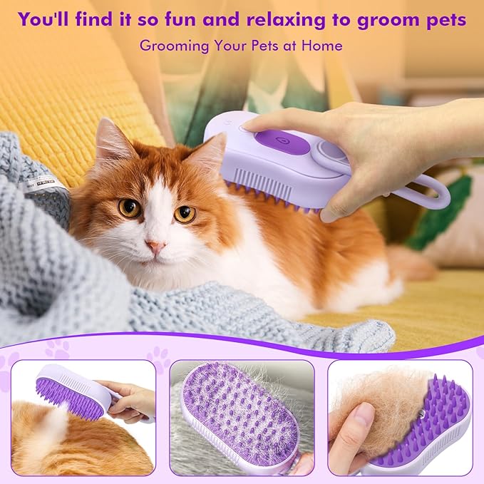 Cloud Care Cat Brush, 4-in-1 Self-Cleaning Pet Steam Brush with 360 Rotating Arm for Shedding, Long and Short Hair Cats and Dogs