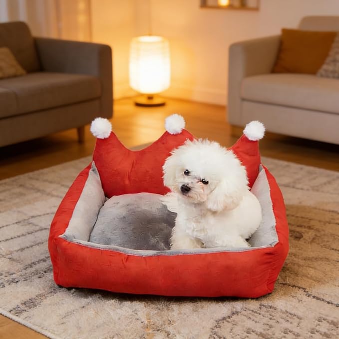 Cute Crown Pet Beds for Dogs Cat,Fashionable Luxurious Crown Cat Princess Beds Winter Warm Puppy Cat Sofa Bed Soft Upholstered Plush Sofa,Durable Washable Anti-Slip Dog Beds (Red, XS Below 1.5 kg)