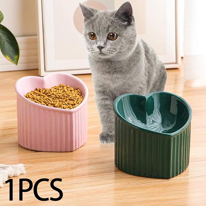 Heart Shaped Cat Dish for Food Or Water, Slanted Ceramic Bowl with Stable Base, Pink