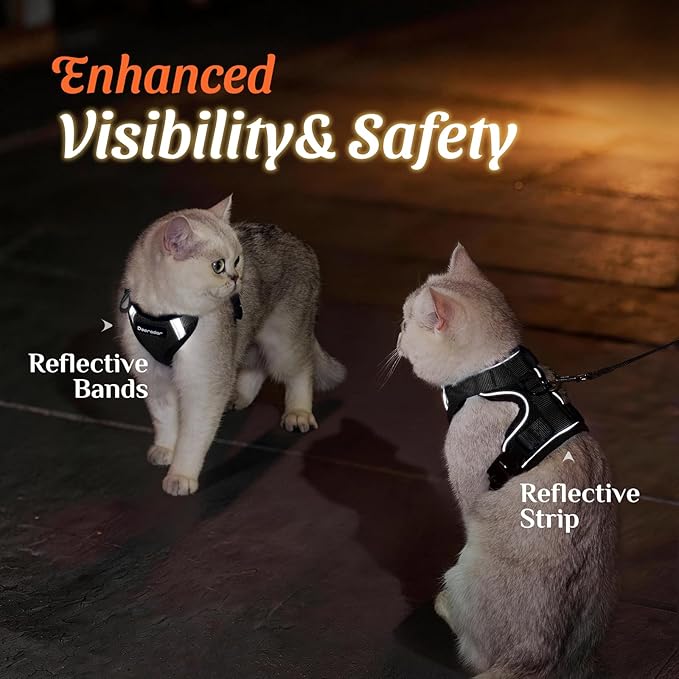 Dooradar Cat Harness and Leash Set, Escape Proof Soft with 3 Adjustable Buckles, Comfortable Vest Easy to Wear Kitten Harness with Reflective Strip, Safe for Outdoor Walking, Black, M