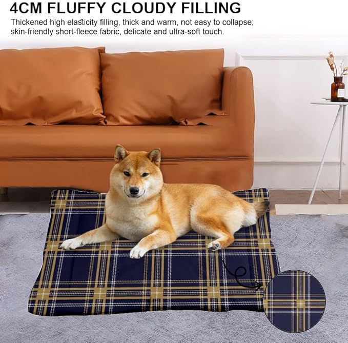 Navy Blue Yellow Plaid Pet Beds for Dogs Non Slip Bottom Dog Bed Scratch Resistant Cozy Soft Car Beds for Dogs Furniture Covers Pets Printed Cat and Dog Pads Gift Tough Bed 36× 24 Inch Indoor Outdoor