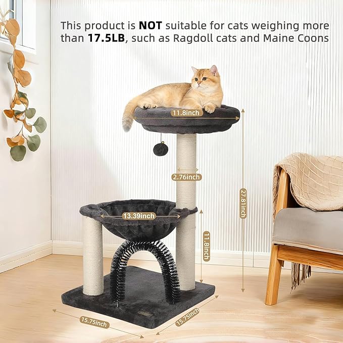 Simple Deluxe Small Cat Tree Tower for Indoor Cats, 5-in-1 27.8" Multi-Level Cat Tree with Scratching Posts, Plush Hammock, Perch, Self Groomer Brush, Dangling Ball for Kittens/Small Cats Play&Rest