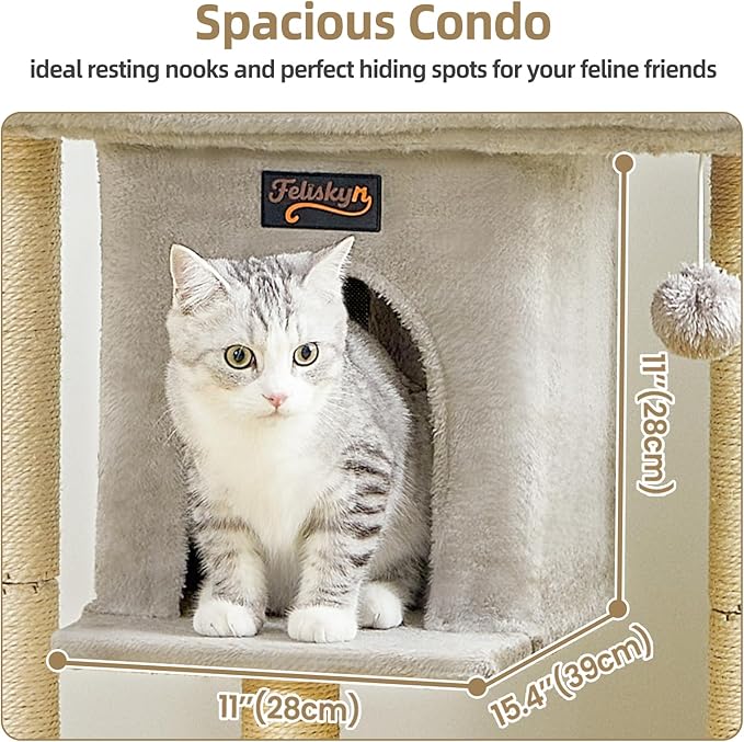 Cat Tree Tower Scratching Post for Indoor Large Cats, Small Cat Tree with Big Perch Bed, 28in Tall Trees House with Condo Cave, Toy Balls, Modern Climbing Furniture Platform for Kitten (Light Gray)