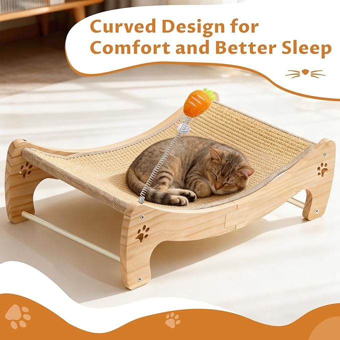 Cat Scratcher Bed with Interactive Carrot Toy - 3-in-1 Wooden Sisal Scratching Pad, Hammock Lounge & Play Center for Indoor Cats - Furniture Protector, Solid Wood Frame (Large)