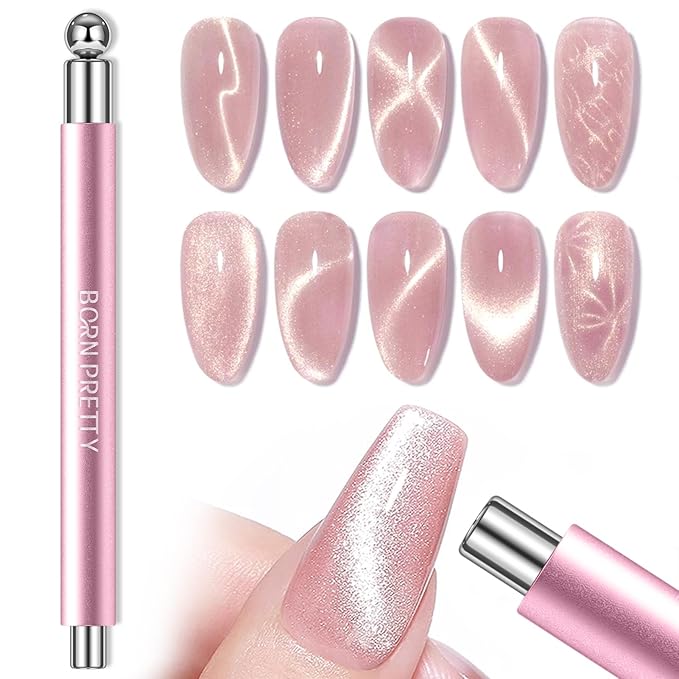 BORN PRETTY 3-in-1 Cat Magnetic Eye Magnet for Nails,Dual-Ended Cylindrical Magnetic Wand with Round Beads Multi-Function Cat Magnetic Eye Magnet Stick 3D Magnet Nail Art Design Tool for DIY(Pink)