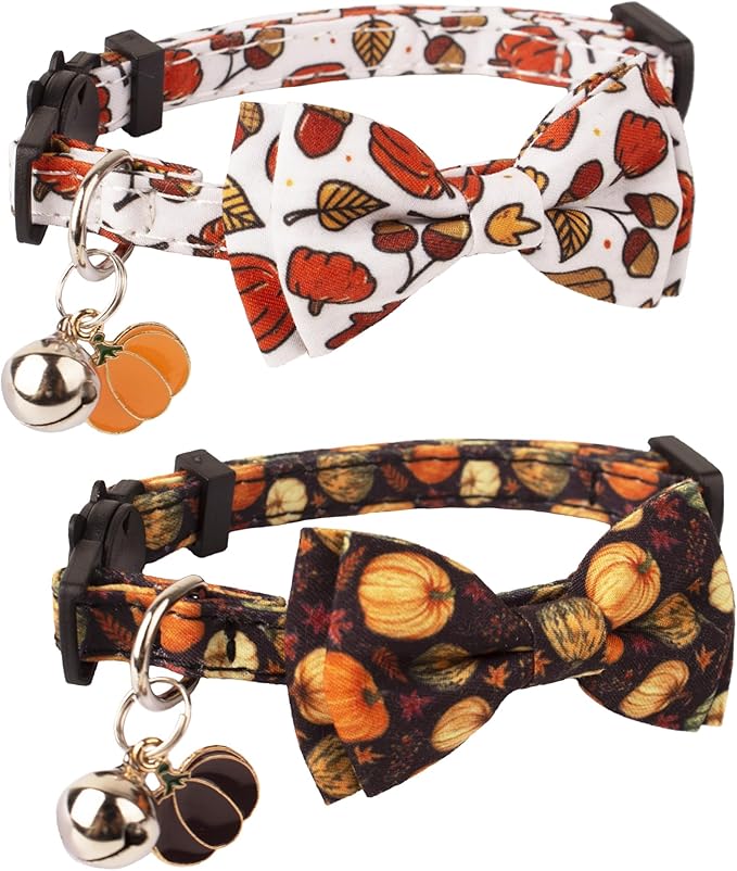 ADOGGYGO Thanksgiving Cat Collar Breakaway with Removable Bowtie Bell - 2 Pack Fall Pumpkin Kitten Bow Collar Thanksgiving Bowtie Collars for Cats Kittens