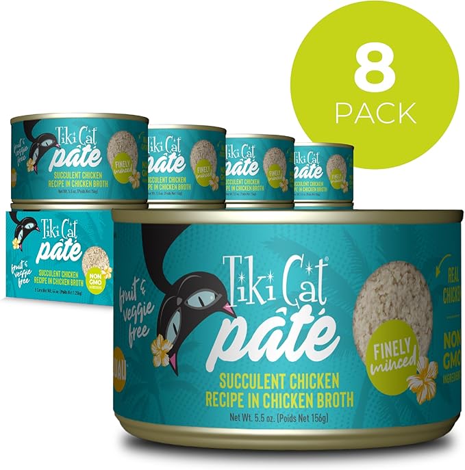 Tiki Cat Luau Pate, Succulent Chicken Recipe in Broth, Grain-Free Balanced Nutrition Wet Canned Cat Food, for All Life Stages, 5.5 oz. Can (8 Count)