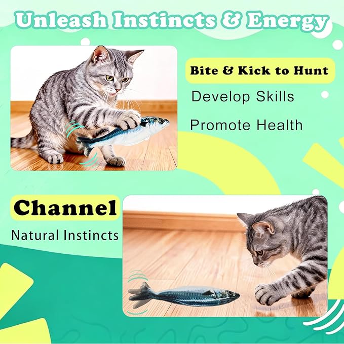 Realistic Floppy Fish Cat Toys, 3 Pack Mini-Sized, Moving Cat Toy Flopping Fish for Indoor Kitten, Sardine/Saury/Bass Interactive Cat Toys, Touch Activated, Rechargeable.