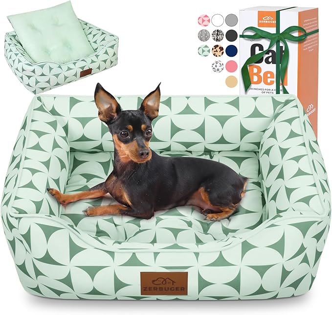 Zerbuger Rectangle Cat Dog Bed for Large Medium Small Pets Indoor Outdoor Machine Washable Sleeping Sofa Non-Slip Bottom Soft Puppy Bed Durable Orthopedic Calming Pet Cuddler (Medium, Green Pattern)