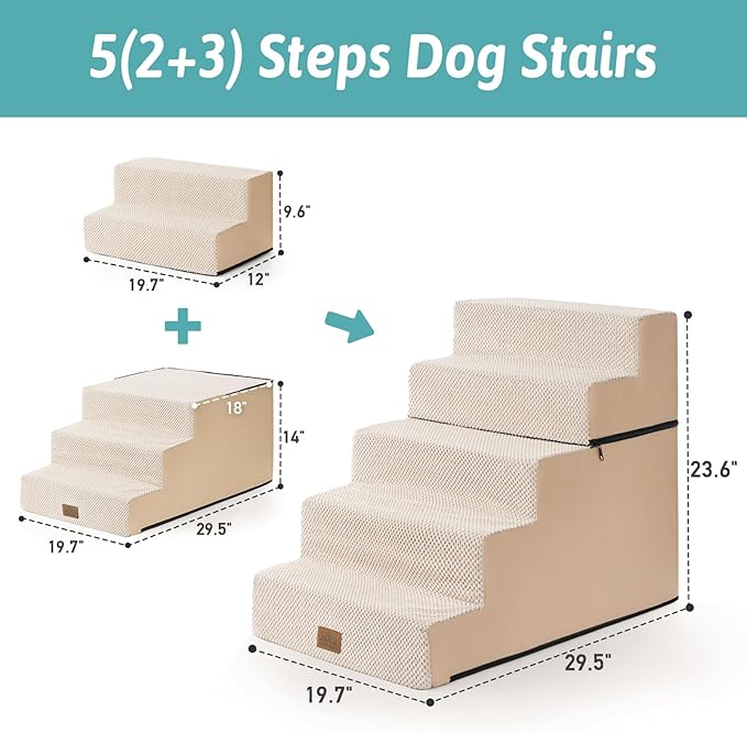 COZY KISS Dog Stairs for Small Dogs, 5 Tier Removable Wider Pet Stairs for Couch and Bed, 23.6" H Non-Slip Dog Steps for Puppies and Old Cats with Support Board, 19.7x29.5x23.6 inch, Beige