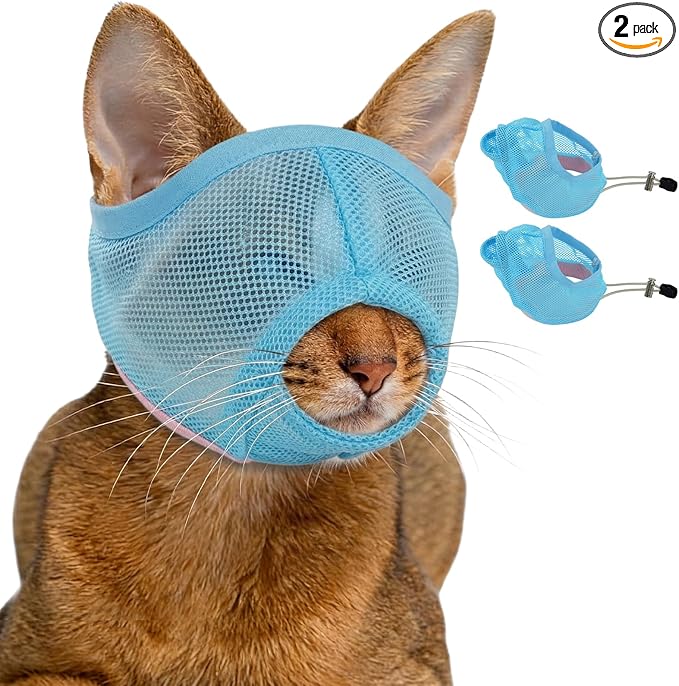 Pezluxe 2pcs Cat Muzzle for Grooming & Nail Trimming, Breathable Mesh Muzzles to Prevent Biting Chewing Scratching, Soft Cat Mouth Guard for Bathing Vet Visits (Blue, S)