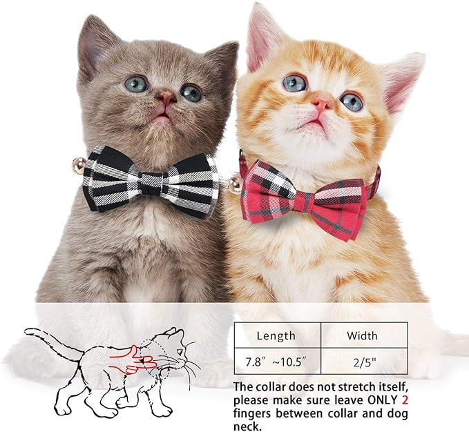 2 Pack/Set Cat Collar Breakaway with Cute Bow Tie and Bell for Kitty and Some Puppies, Adjustable from 7.8-10.5 Inch (Red+Black, Plaid)