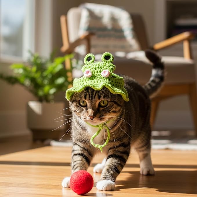 2pcs Cat Crochet Hat Crochet Hats for Kittens Cute Knitted Hat Frog and Strawberry Cat Hats Cartoon Strawberry Design Knit Cotton Soft Only Puppy Small Pets On Christmas Birthday Party Halloween
