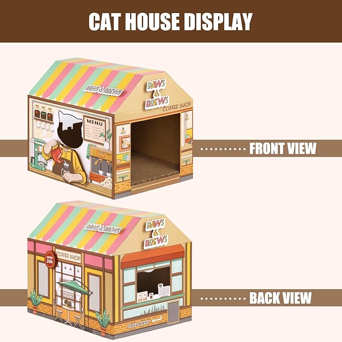 SEKAM Cardboard Cat House with Scratcher/Catnip, (16.5''x12''x15'') Kitty Coffee Shop for Indoor/Outdoor Cats, Cat Play House&Home Decor, Cat Scratch Toy for Birthday, Hideout for Bunny Small Animals