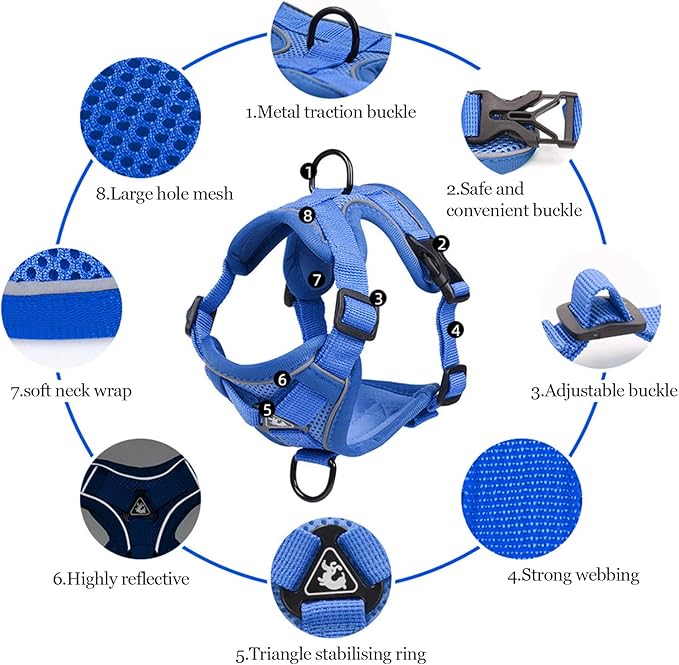 Wanheart Summer cat Chest Harness and Leash, Anti-Escape Adjustable Soft mesh cat Leash and Chest Harness Set for All Types of Cats cat Vests (Royal Blue, L:11.02-16.5lb)