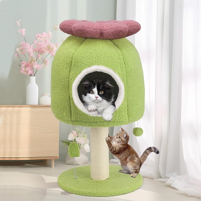 EMUST Flower Cat Tree with Bed, 28.74inch Tall Cat Tower with Scratching Post & Cozy Condo, Cute Sisal Cat Scratcher with Plush Hang Spring Ball Toys, Removable Cat Bed for Indoor Adults Cats, Green