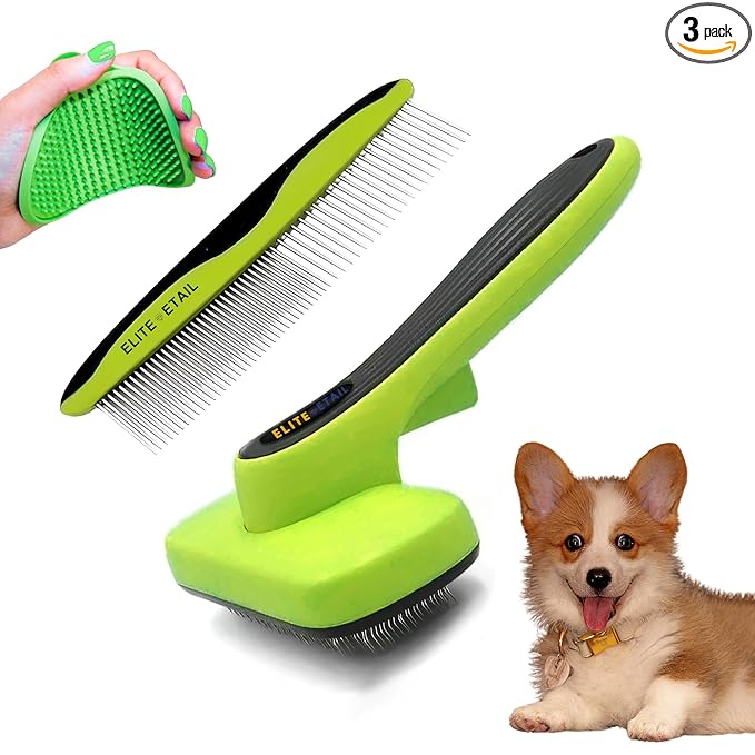 ELITE ETAIL Self Cleaning Pet Hair Brush with Additional Comb and Bath Brush - Skin Friendly Pet Grooming Kit for Dogs and Cats, Detangling, Deshedding, and Bathing Tools for All Fur Types. 7 in long