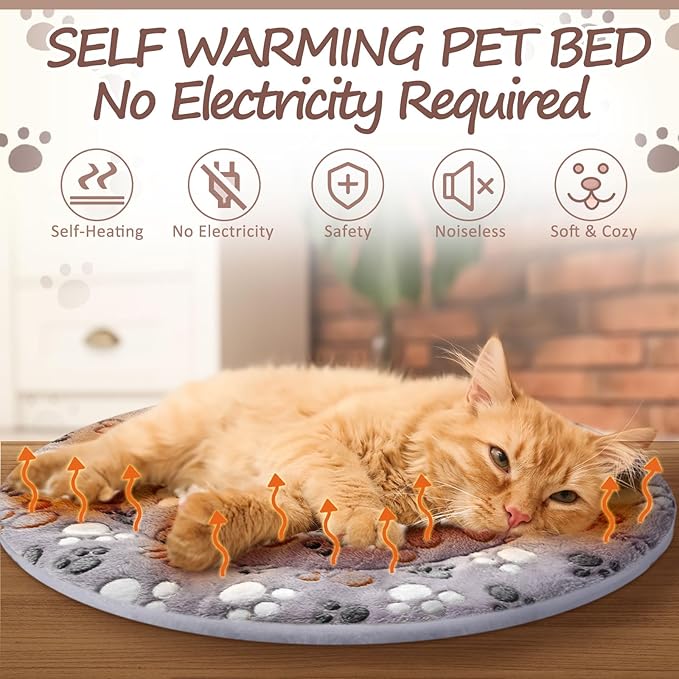 VitalCozy 2 Pack Self Heating Cat Pad Self Heating Cat Bed Machine Washable Heat Pet Mat Reversible Body Thermal Warm Round Dog Bed Crate Blanket for Feral and Indoor Cats(16'',Dog Paw)