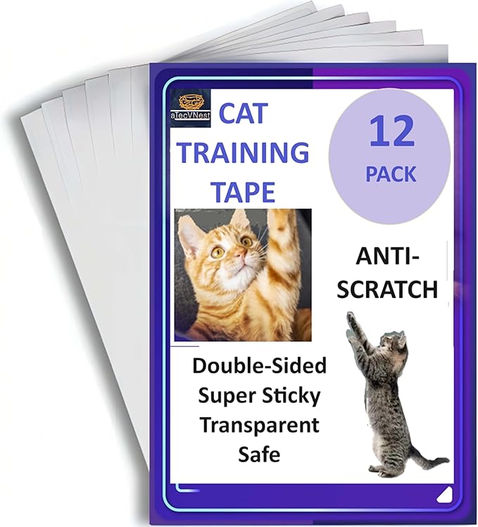 Cat Scratch Deterrent Tape, 12-Pack Clear, Double-Sided Furniture Protectors, Cat Training Tape, Anti-Scratch Sticky Tape, No Residue, Safe for Couches, Doors, Beds, & Tables